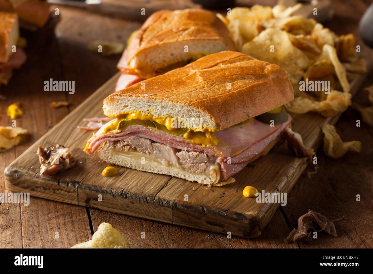 Homemade Traditional Cuban Sandwiches with Ham Pork and Cheese Stock