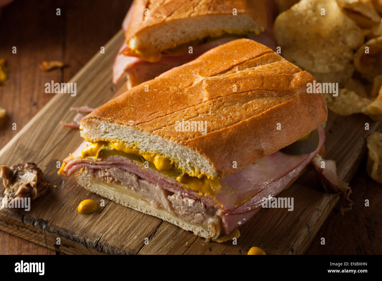 Homemade Traditional Cuban Sandwiches with Ham Pork and Cheese Stock