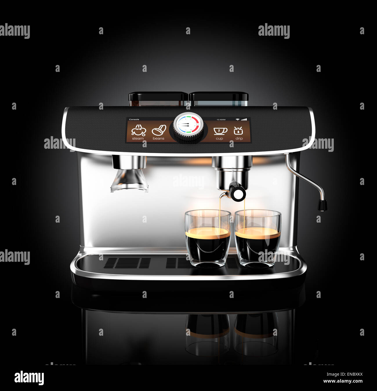 Stylish coffee machine brewing espresso in two glasses. Original design