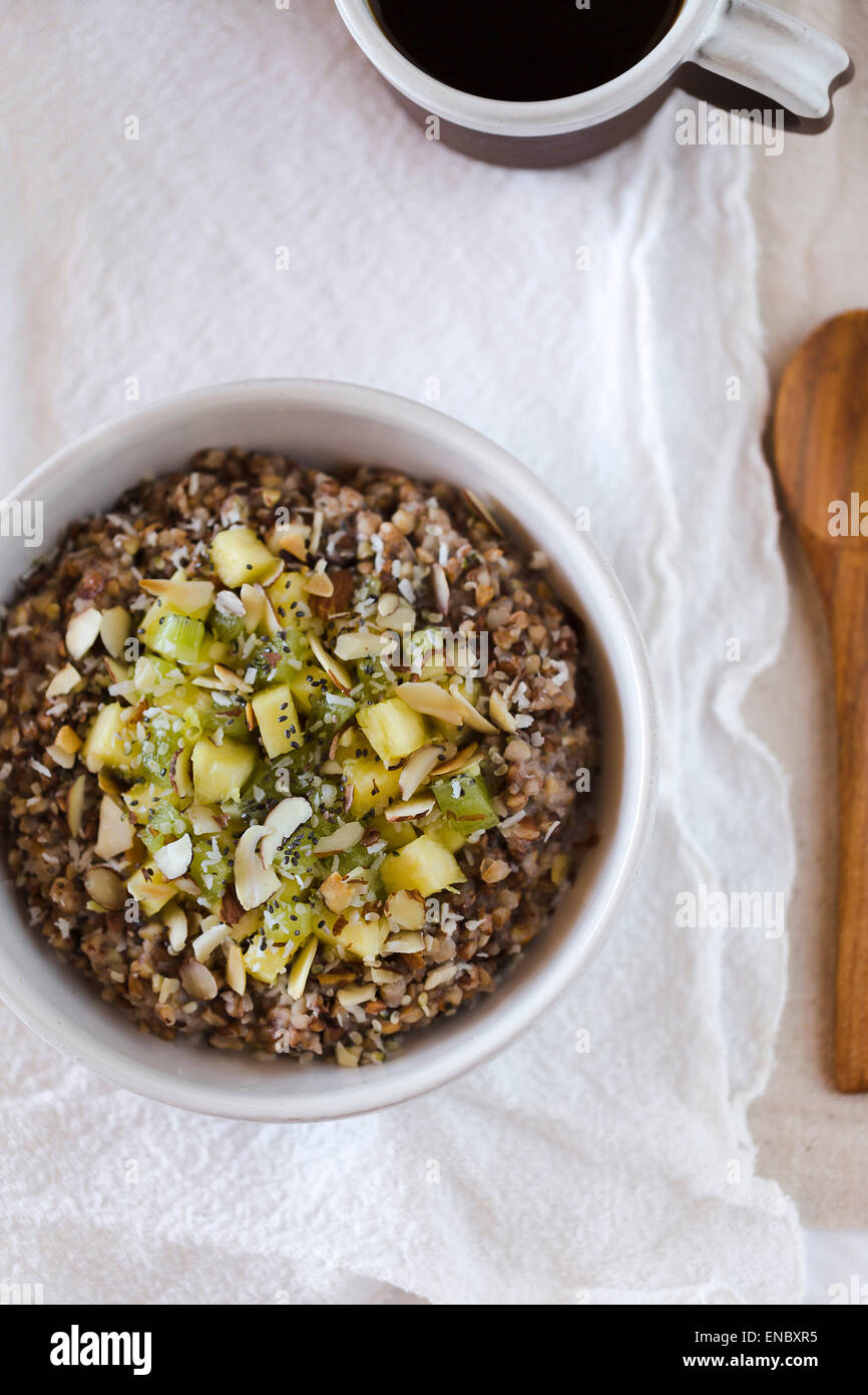 A healthy kasha (toasted buckwheat groats) made with almond milk and