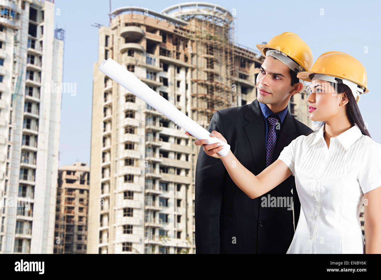 2 indian Engineer Colleague Construction Site Project Planning Stock