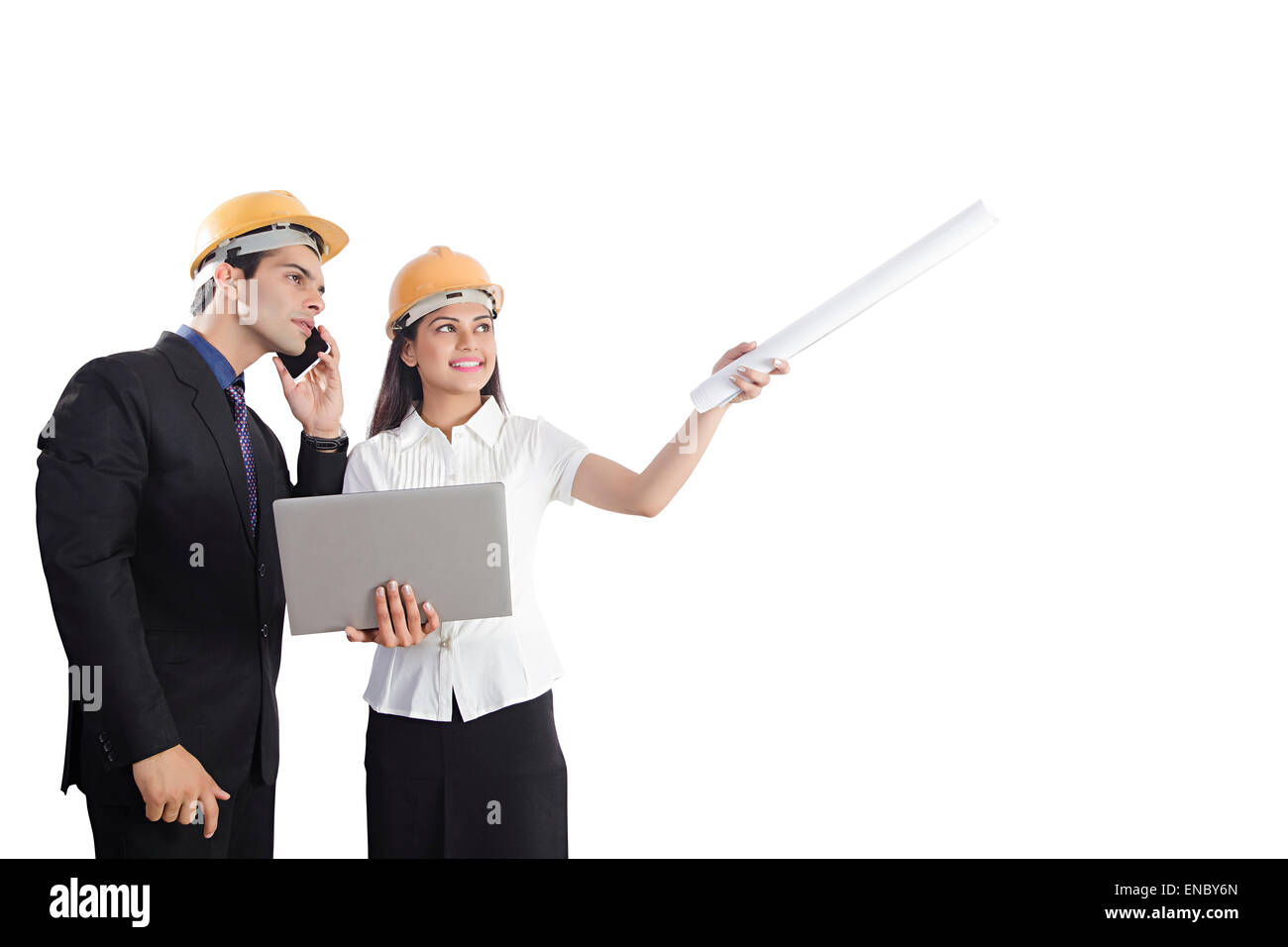 2 indian Engineer Colleague Project Laptop Checking and talking phone Stock Photo