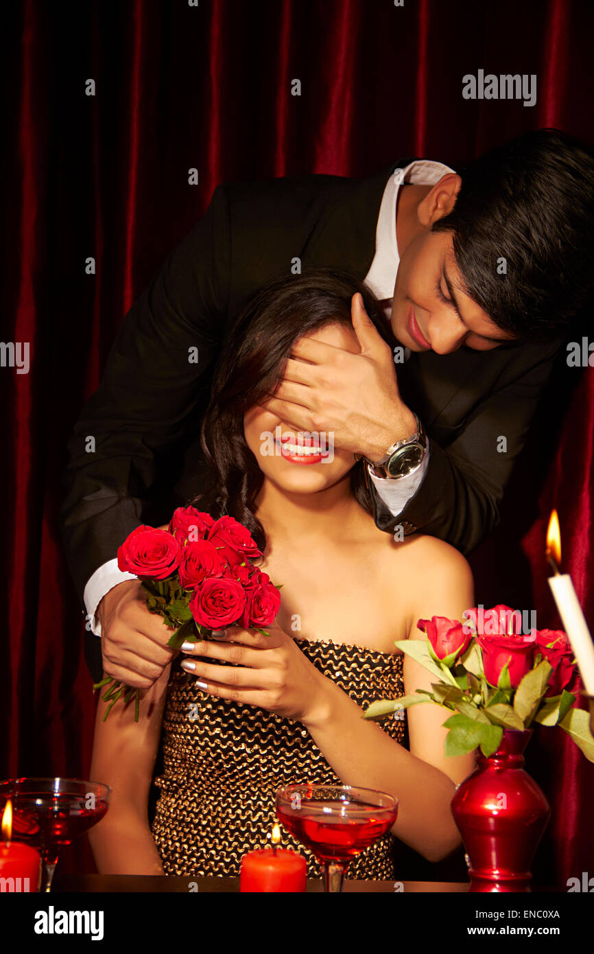 2 indian business Couple Hotel Propose Valentine Day Stock Photo