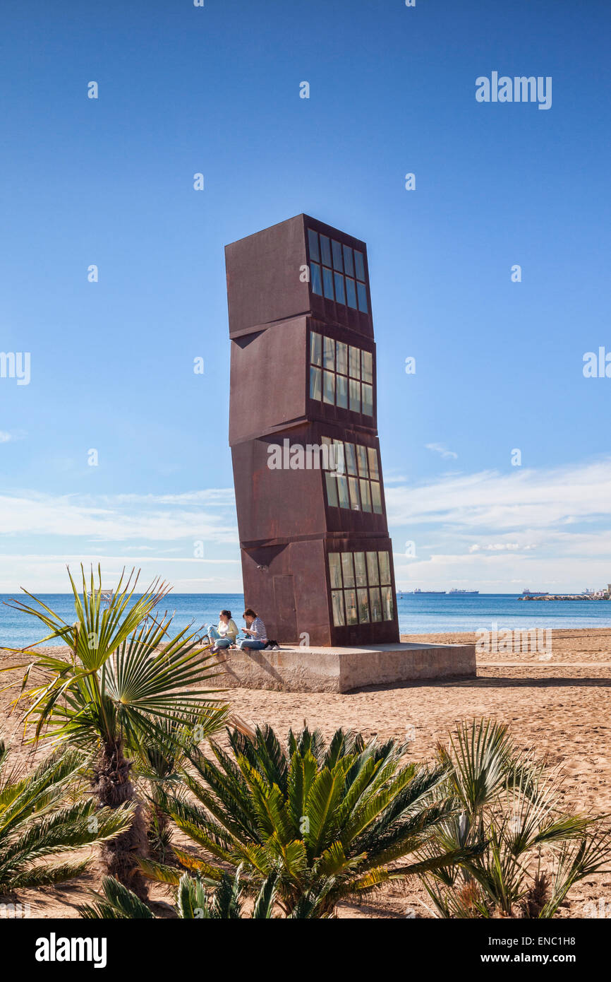 Estel Ferit sculpture by Rebecca Horn, on the beach at Barcelona, Catalonia, Spain. Stock Photo