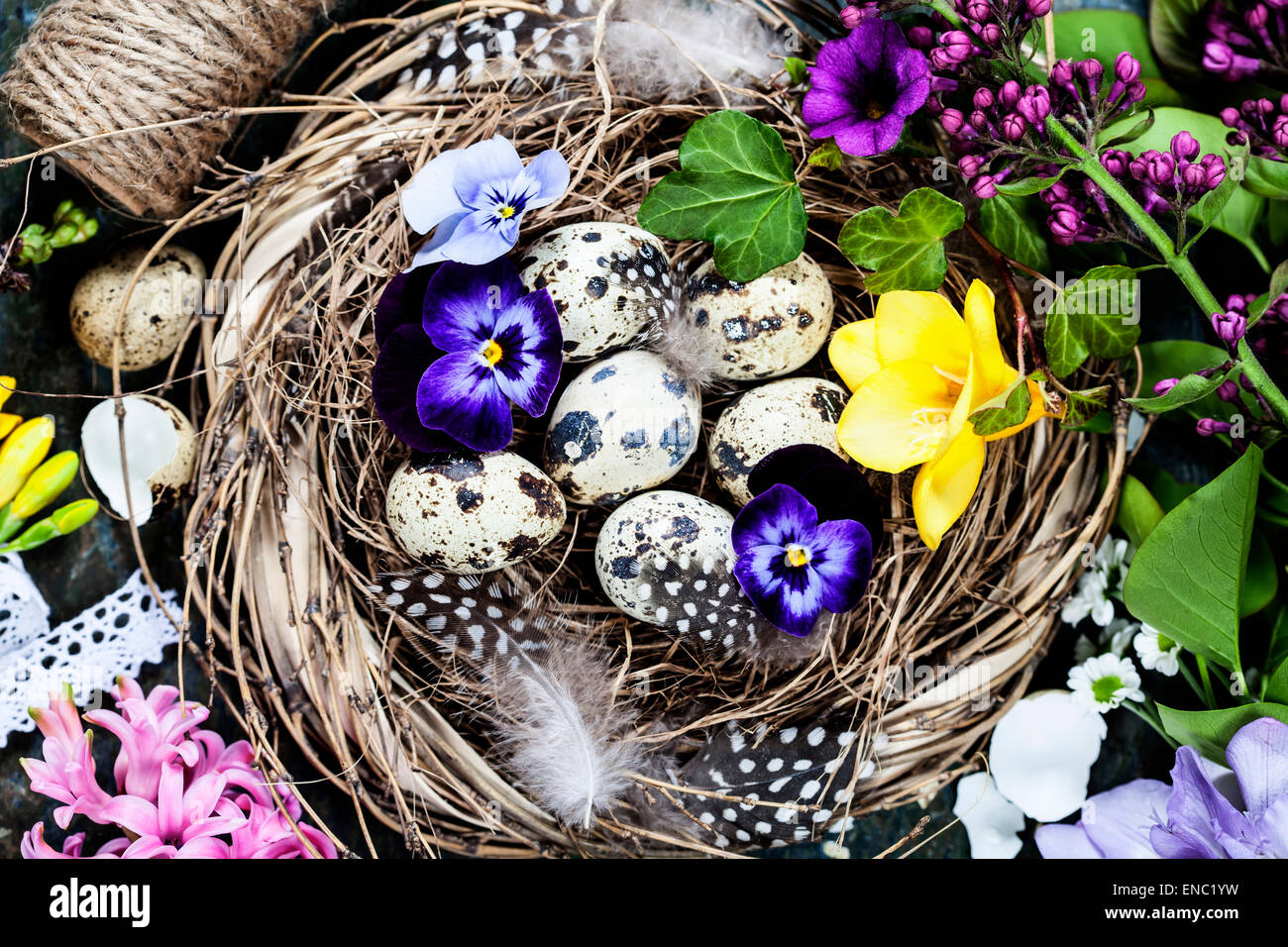 Easter background with eggs, nest and flowers Stock Photo - Alamy