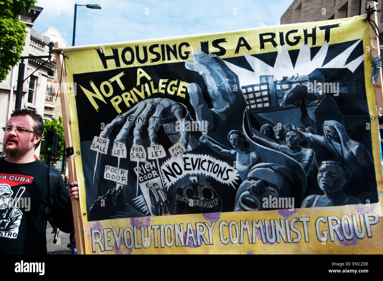 London.Mayday demonstration 2015. Banner saying 'Housing is a right'. Stock Photo