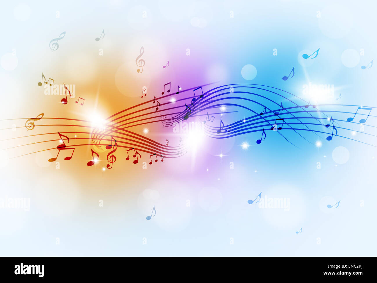 abstract music notes and blurry lights on bright multicolor background Stock Photo