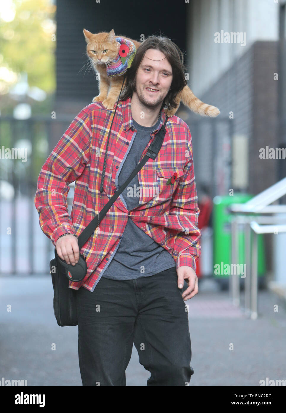 James Bowen and his cat Bob outside the ITV studios Featuring James