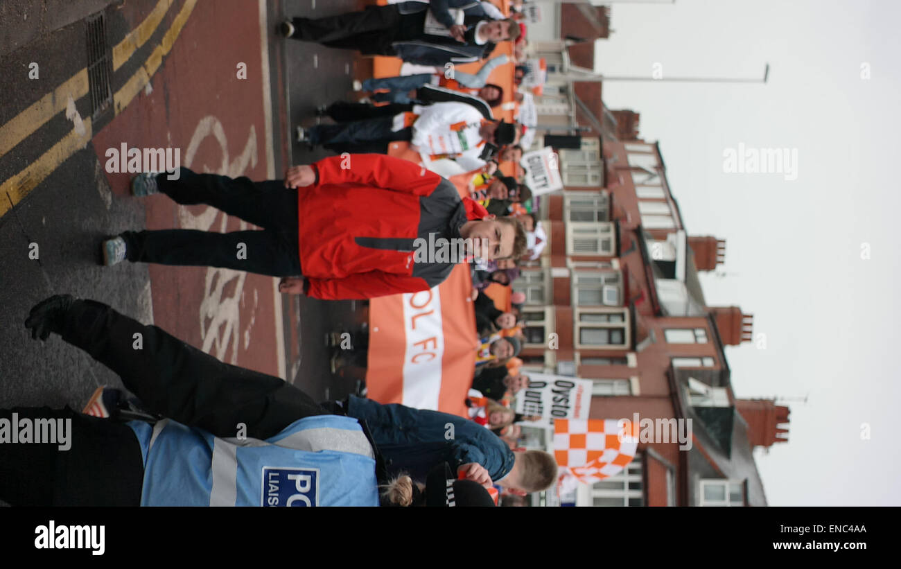 Blackpool UK, 2nd May 2015, Large numbers of fans of Blackpool football club protest at the running and management of the club by owner Karl Oyston. Some wearing fancy dress outfits mock the owner in a bid to get the family out of the club. The pre organized protest causes some disrubtion to the roads around the ground as the march made it's way down Bloomfield road.©Gary Telford/Alamy live news Stock Photo