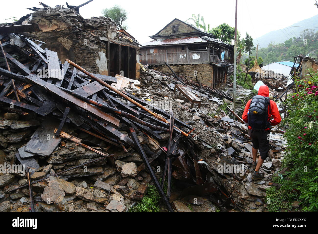 A destroyed house in the region of Saurpani in the Gorkha district, near the epicenter of the earthquake in Nepal, 28 April 2015. German tourist Jordane Schoenfelder and other foreigners have set up a medical and aid camp here for the locals - called base camp - which serves as a starting point for hikes in the surrounding mountains and for shipments of aid packages. Photo: JORDANE SCHOENFELDER/dpa Stock Photo