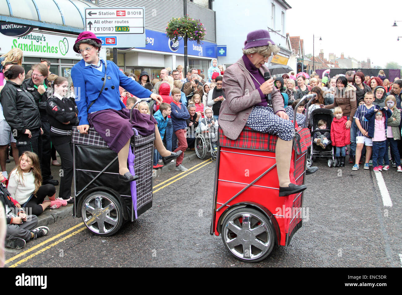 Granny Turismo entertaining the crowds at the International Puppet Festival in Witham, Essex Stock Photo