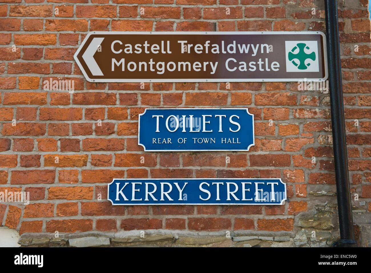 Tourism & street signs in town of Montgomery Powys MidWales UK Stock