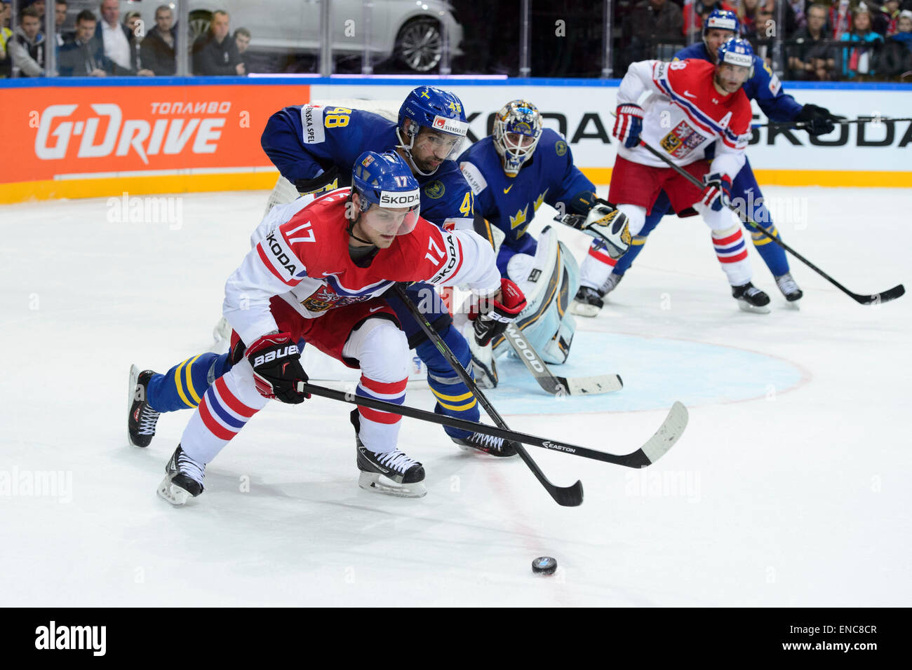 From left: Vladimir Sobotka of Czech Republic, Daniel Rahimi of Sweden, Sweden's goalkeeper Jhonas Enroth and Jaromir Jagr of Czech Republic in action during the Ice Hockey World Championship Group A match Czech Republic vs Sweden in Prague, Czech Republic, May 1, 2015. (CTK Photo/Michal Kamaryt) Stock Photo