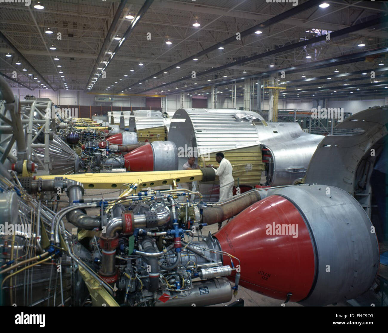 The photograph shows the assembly line for the Atlas D series rocket ...