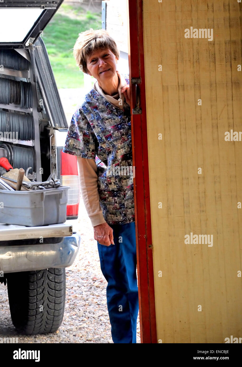 Mature female rancher expressions outside. Stock Photo