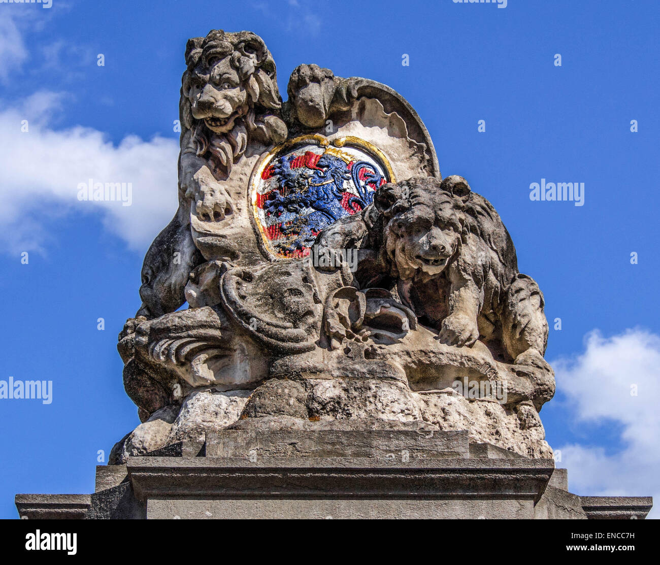 BRUGES, BELGIUM, UK - APRIL 13, 2014:  Statue of Lion and bear - the Heraldic arms of Brugge Stock Photo