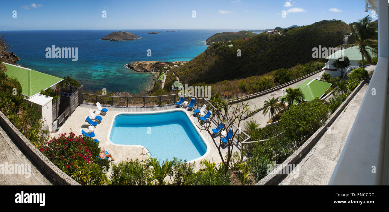 St Barth, St. Barths, Saint-Barthélemy, French West Indies, French Antilles: vie of a pool and the Caribbean Sea Stock Photo