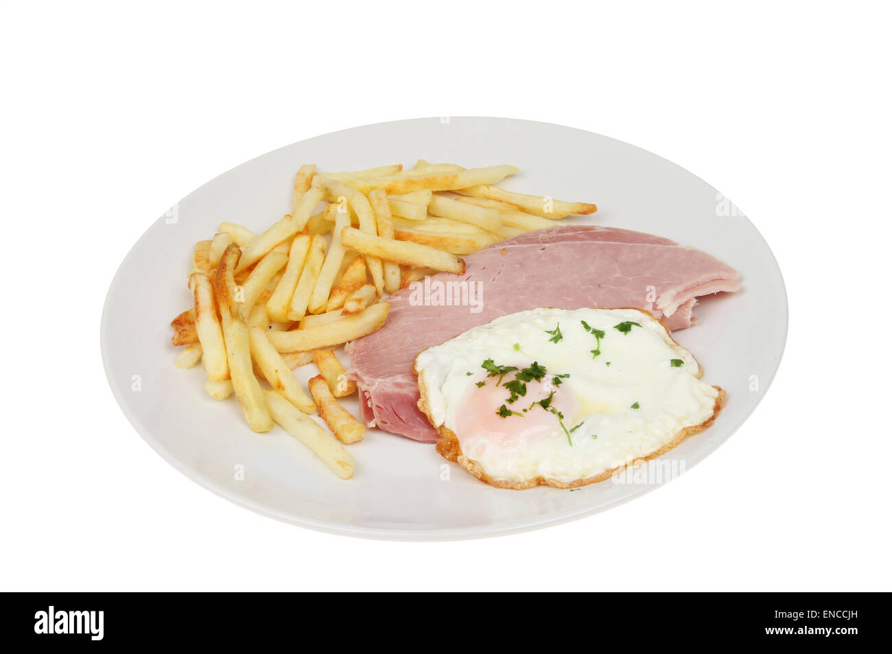 Ham egg and chips on a plate isolated against white Stock Photo
