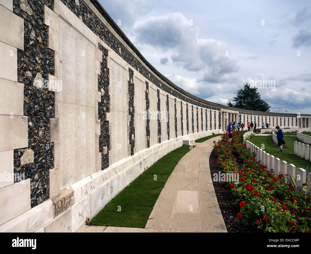 ZONNEBEKE, BELGIUM - MAY 25, 2014:  Memorial Wall listing the names of Missing Soldiers with no known grave at Tyne Cot WW1 Cemetery Stock Photo