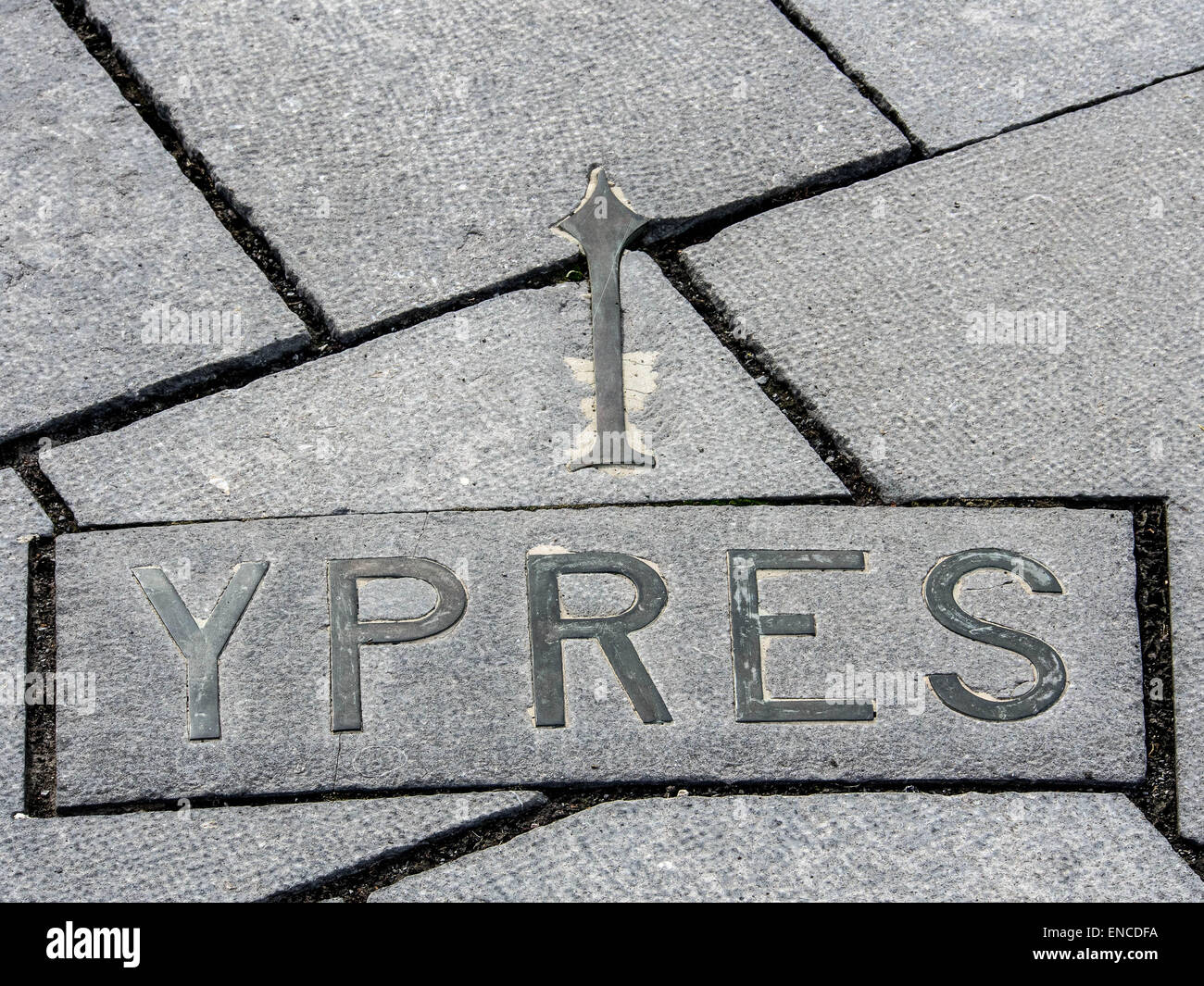 YPRES, BELGIUM - MAY 25, 2014:  Detail on the Canadian Hill 62 (Sanctuary Wood) WW1 Memorial in Flanders pointing to Ypres Stock Photo