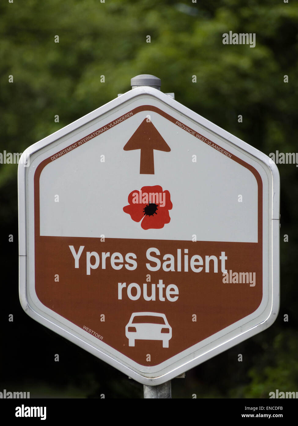 YPRES, BELGIUM - MAY 25, 2014:  Sign for the self-drive Ypres Salient route which takes in all the sites associated with the Flanders battlefields Stock Photo