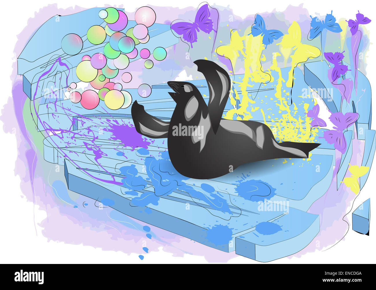 walrus on ice with butterfly and multicolot bubble Stock Photo