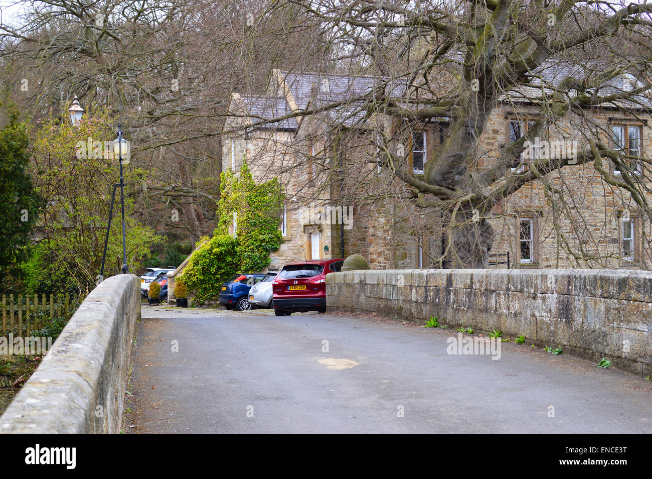 Houses in Lintzford village, looking across the bridge from A694 Stock