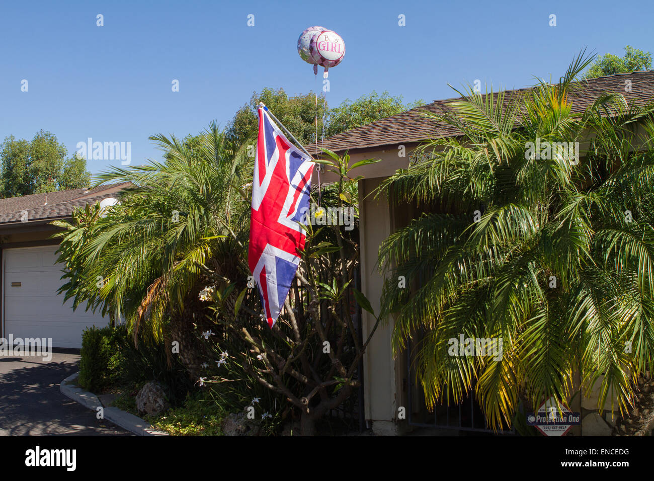 Santa Ana, California, USA. 2nd May, 2015. British Expat  decorates her house in celebration of the birth of the royal baby Stock Photo