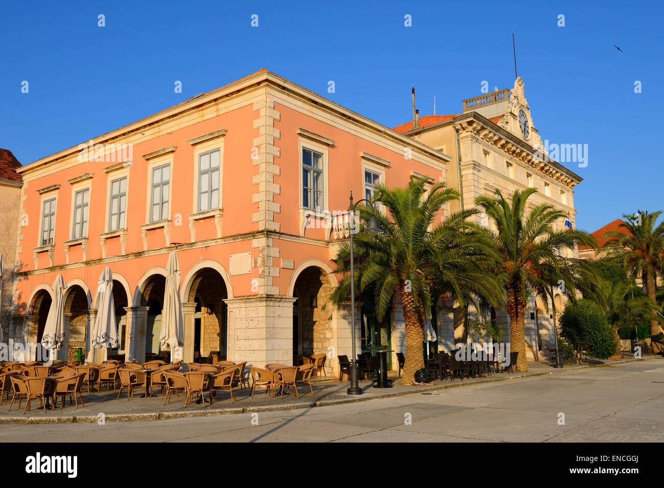Early morning on Stari Grad seafront on Hvar Island on Dalmatian Coast of Croatia Stock Photo