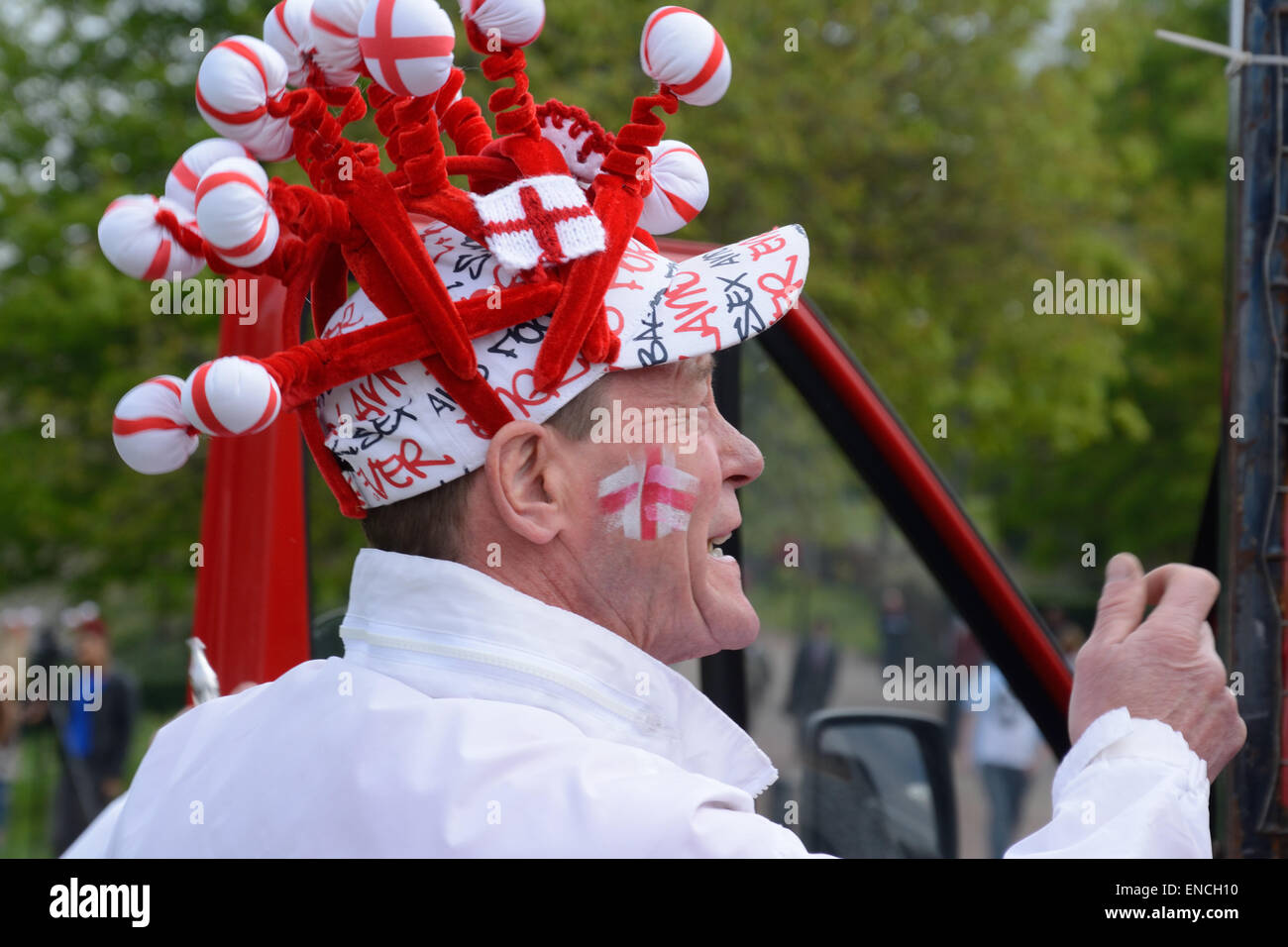 Crazy Head Dress, at St George's Day parade. Nottingham, England. Stock Photo