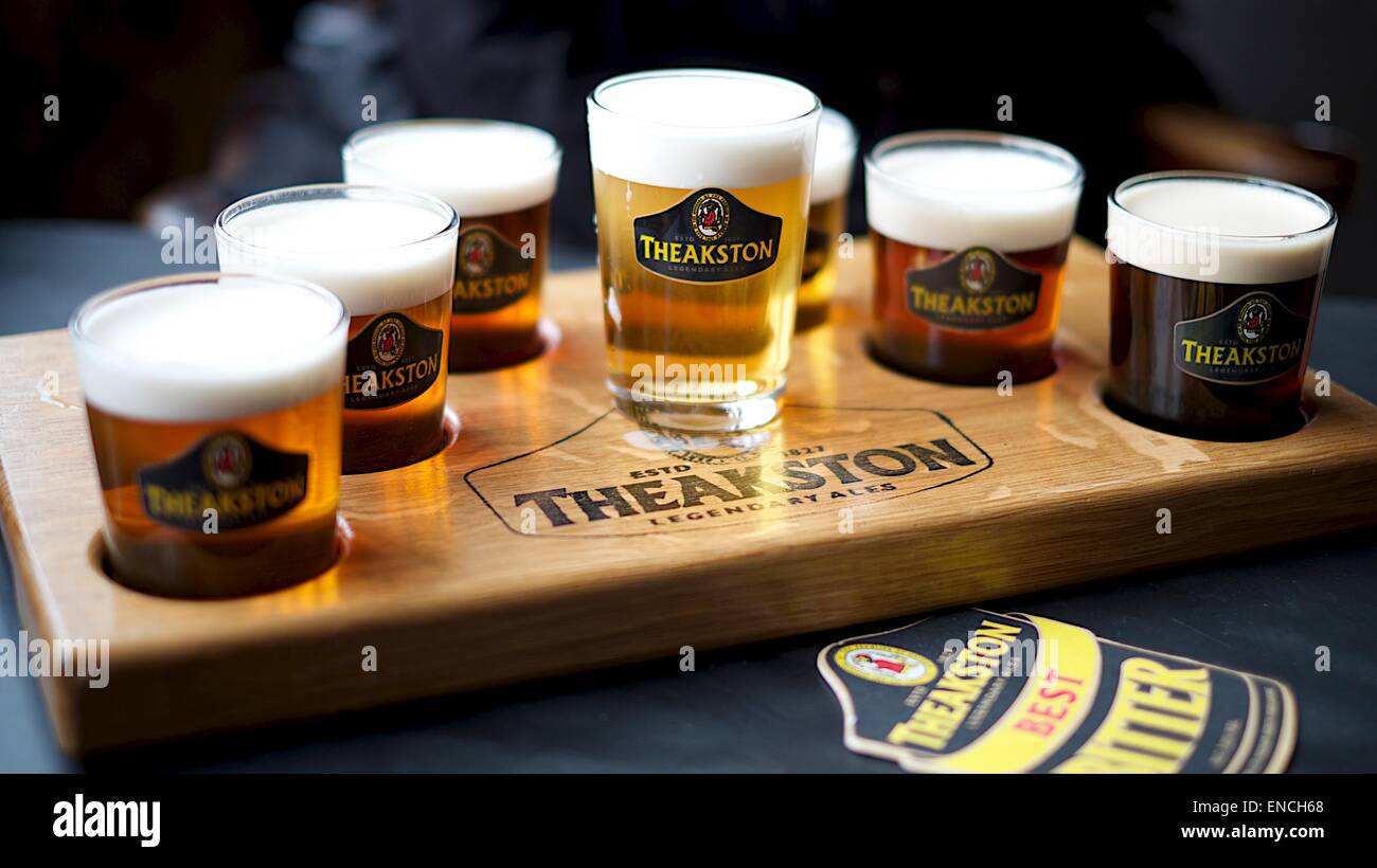 Tray of seven beer samples from the Theakston brewery in North