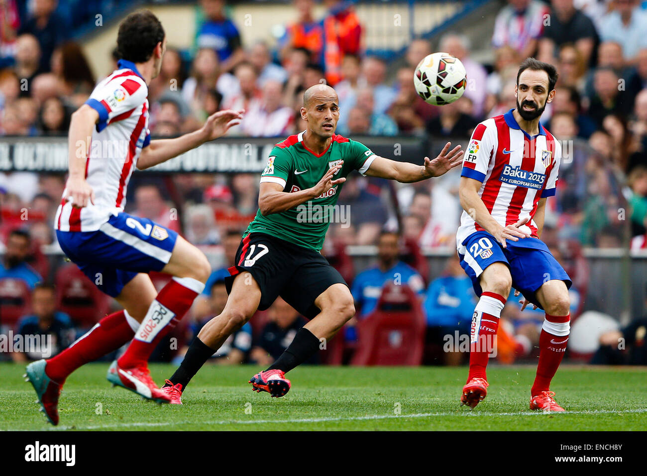 Bilbao, Spain. 02nd May, 2015. Mikel Rico Moreno Midfielder of Athletic Club Bilbao and Diego Roberto Godin Leal Defender of Atletico de Madrid with Juan Francisco Torres Belen Defender of Atletico de Madrid. La Liga football. Atletico de Madrid versus Athletic Club Bilbao at Vicente Calderon stadium. Credit:  Action Plus Sports/Alamy Live News Stock Photo