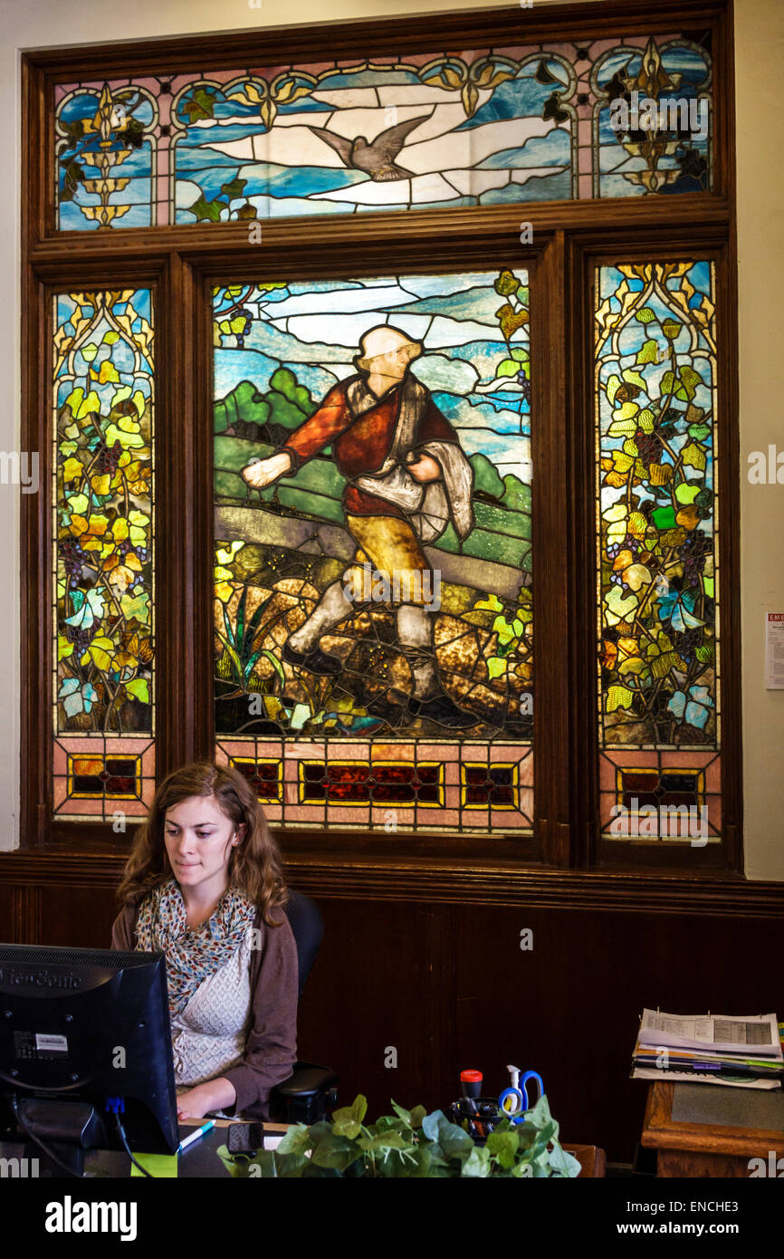 Chicago Illinois,Near North Side,Moody Bible Institute,Christian college,religion,campus,stained glass window,woman female women,computer,desk,employe Stock Photo