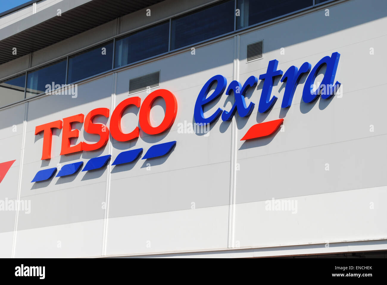 Dudley Apr 26 View of a Tesco logo on the outside of a Extra store