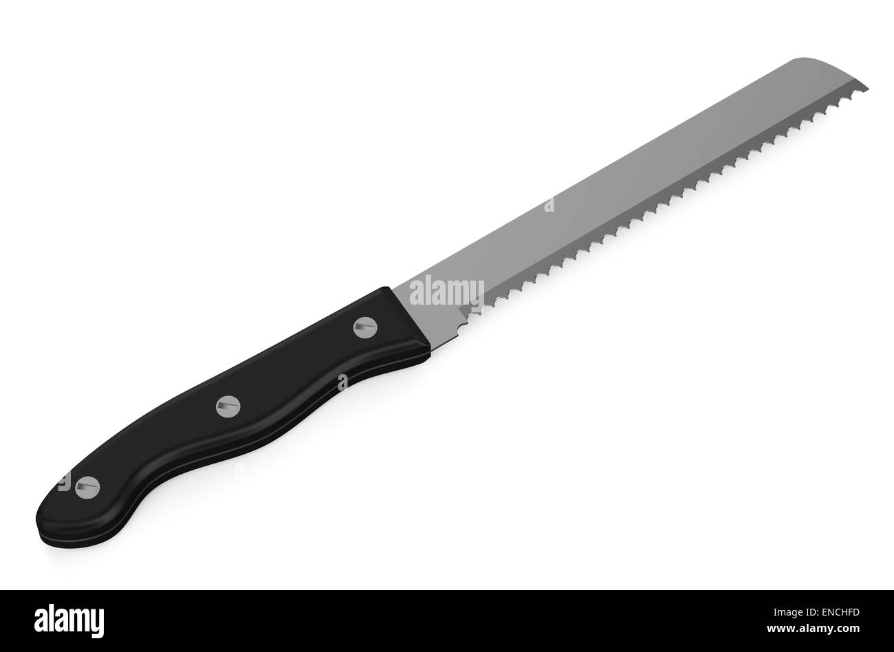 bread knife with black handle isolated on  white background Stock Photo