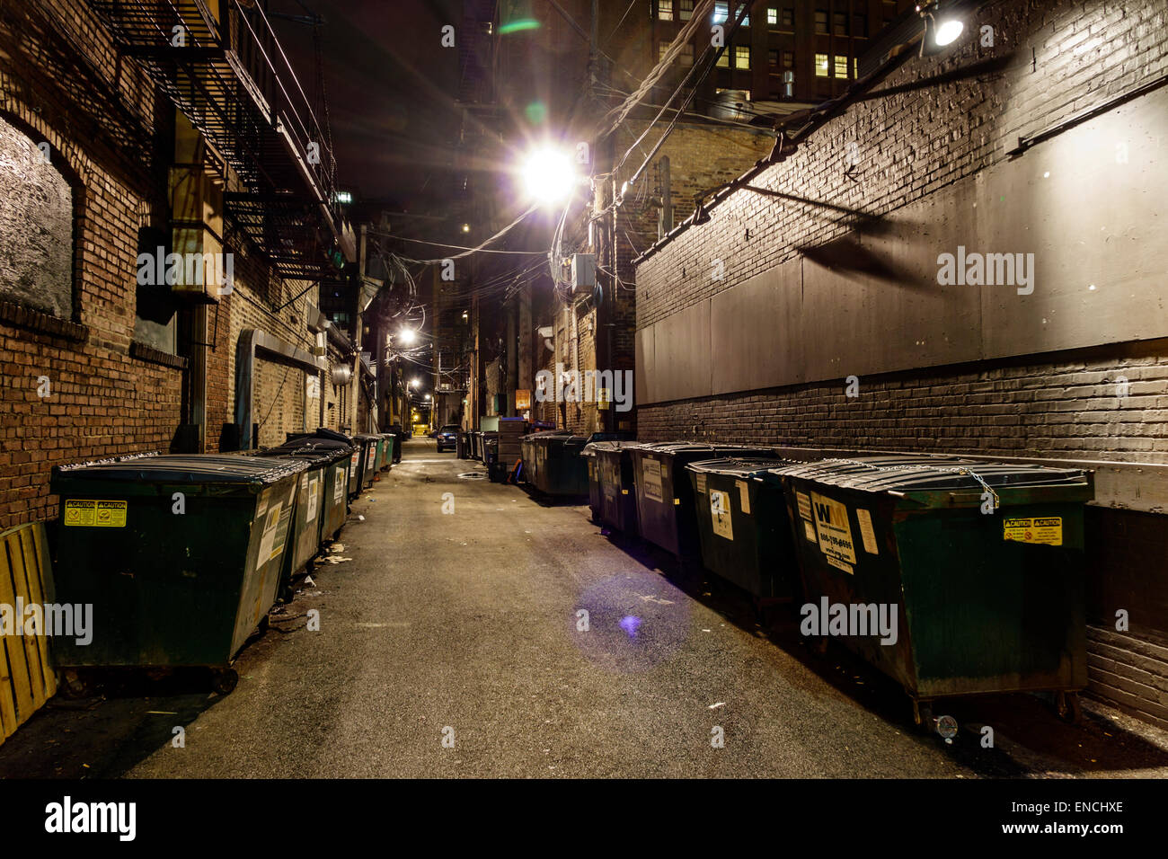 Chicago Illinois,Near North Side,neighborhood,urban street scene,alley,alleyway,back alley,service road,dumpster,trash bin,waste container,garbage,nig Stock Photo