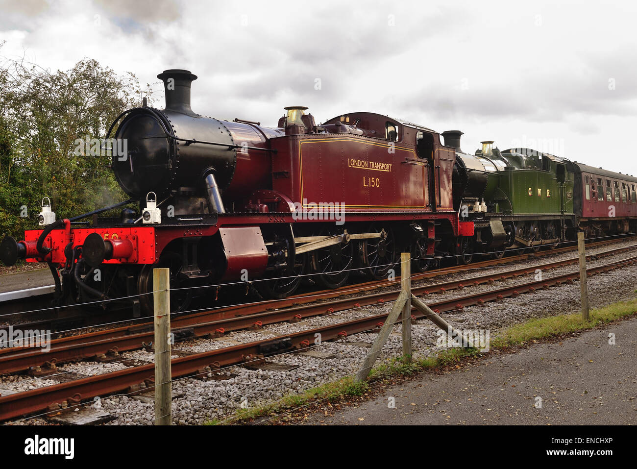 GWR locos No 5521, seen here as No L150, and No 4270 waiting to double head a train to Bitton. Stock Photo