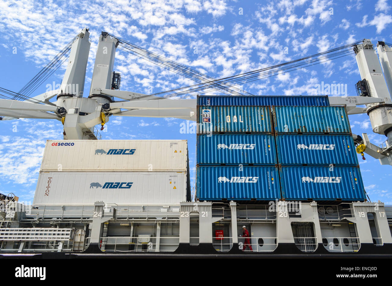 Containers on a multipurpose cargo vessel in the port of Cape Town, South Africa Stock Photo