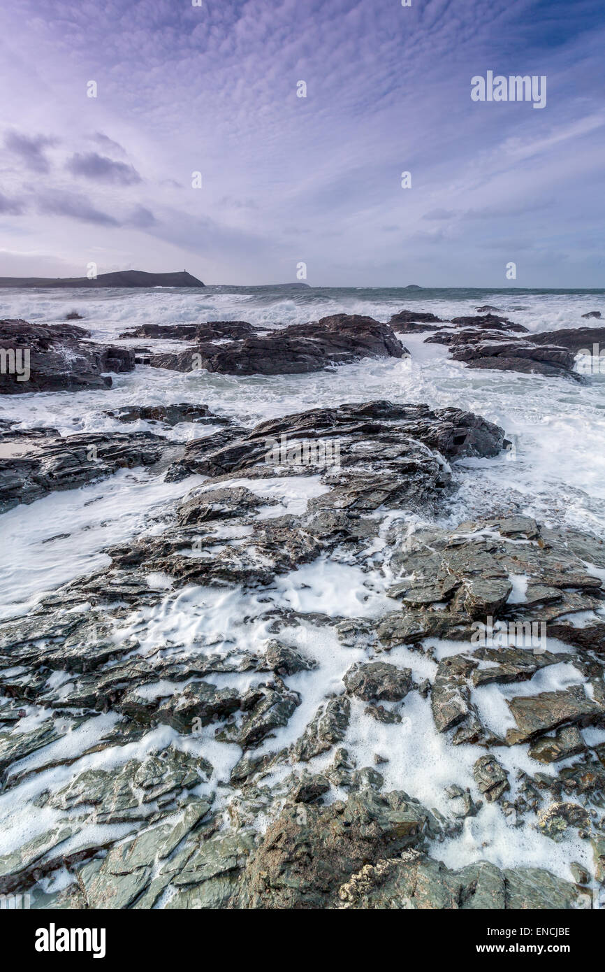 polzeath beach cornwall england uk rocks waves crashing Stock Photo - Alamy