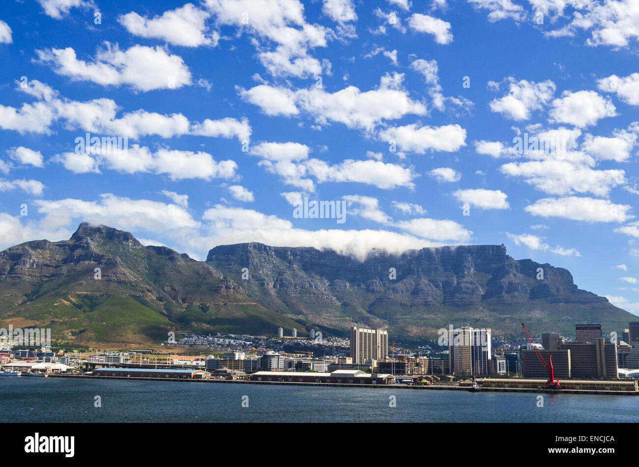 Table Mountain seen from a cargo ship in the port of Cape Town, South Africa Stock Photo