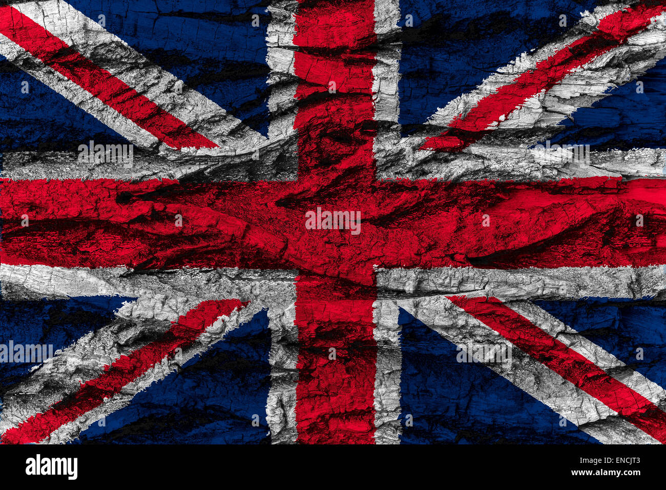 United Kingdom of Great Britain, Union Jack national flag painted on wooden bark of tree. Painting is rough and colorful. Stock Photo
