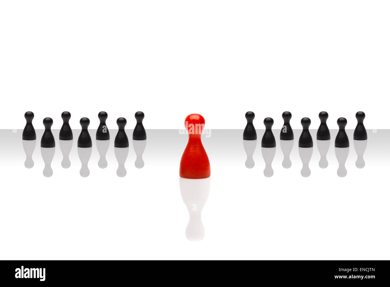 Business concept for leader team, leadership, step forward. Line grouped small black pawn figures, one red in front, gradient su Stock Photo