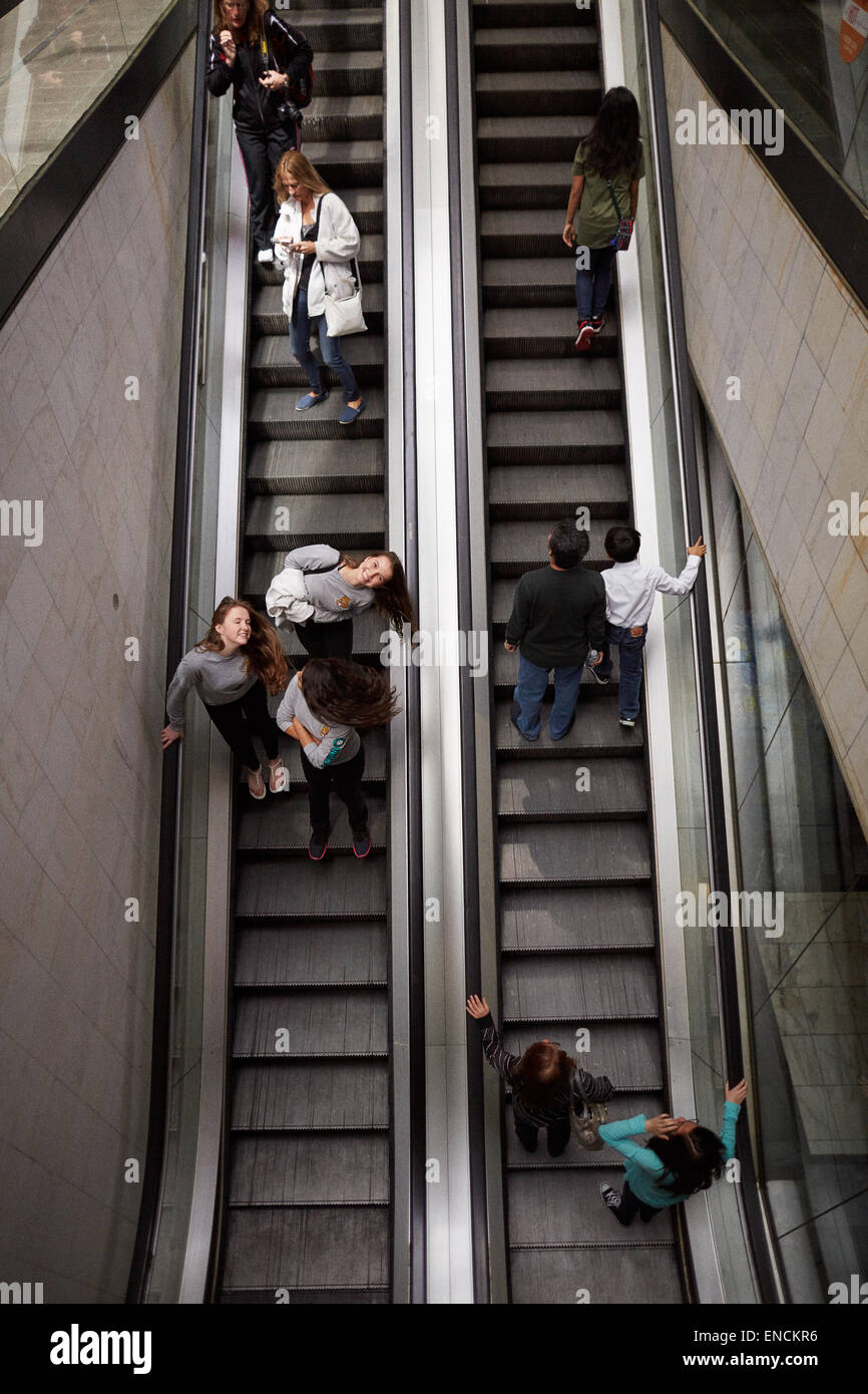 Downtown Atlanta in Georgia USA escalators down to Peachtree Center’s three-tiered retail mall Stock Photo