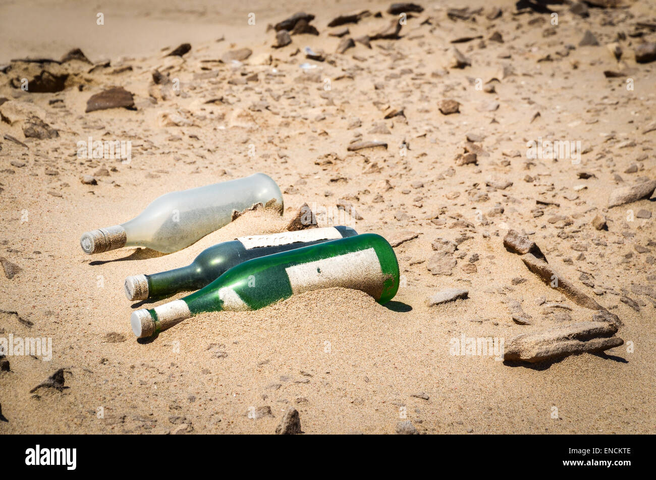 Abandoned glass bottles in the desert, Namib desert, Namibia Stock
