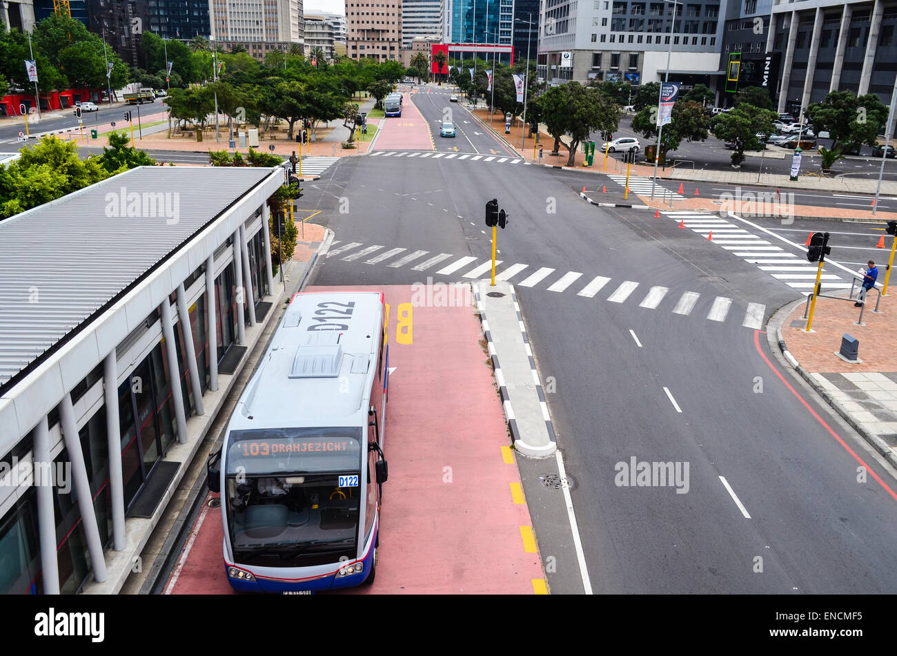 A Myciti bus on an integrated rapid transit (IRT) lane in the city center of Cape Town, South Africa Stock Photo
