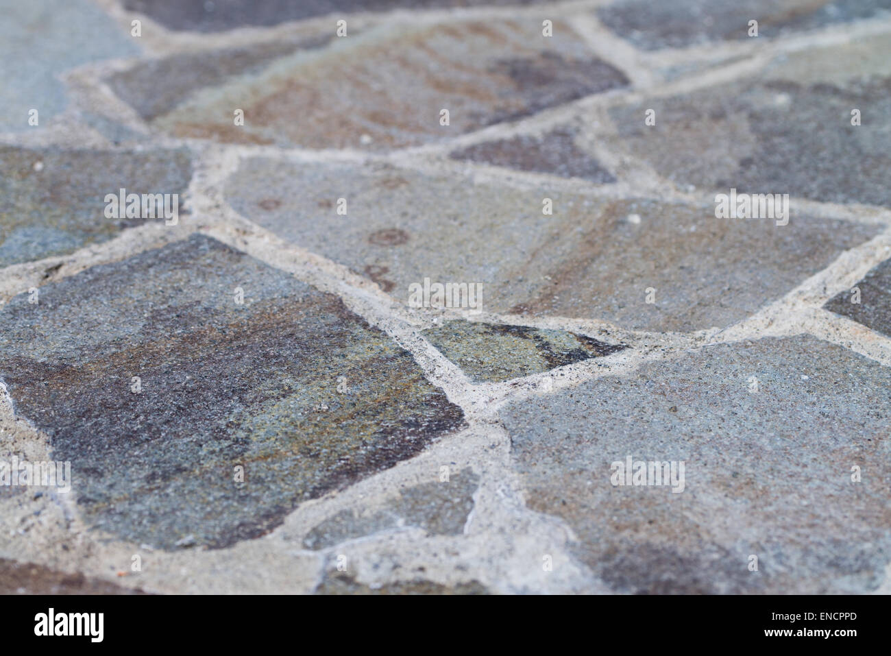 A Flagstone Patio shot at an angle fading into a blurred background. Stock Photo