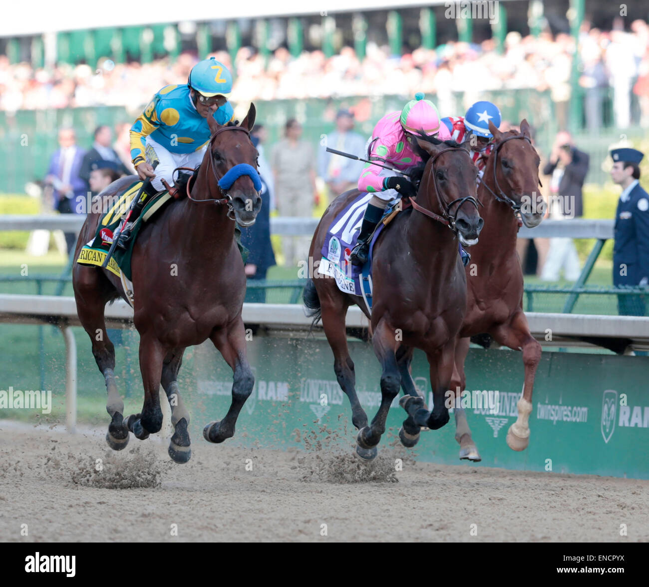 Louisville, KY, USA. 2nd May, 2015. Horse no. 18, American Pharoah with Victor Espinoza up, left, neared the finish line in winning the 141st running of the Kentucky Derby at Churchill Downs in Louisville, Ky., May 2, 2014. Horse no. 10, Firing Line with Gary L. Stevens up finished second and horse no 8, Dortmund with Martin Garcia up was third. Photo by Charles Bertram | Staff Credit:  Lexington Herald-Leader/ZUMA Wire/Alamy Live News Stock Photo