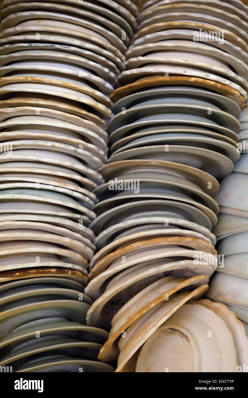 Ancient ceramic bowls that are unwatered from 9th-10th century Cirebon shipwreck found in 2003 in Java Sea north of Cirebon, West Java, Indonesia. Stock Photo