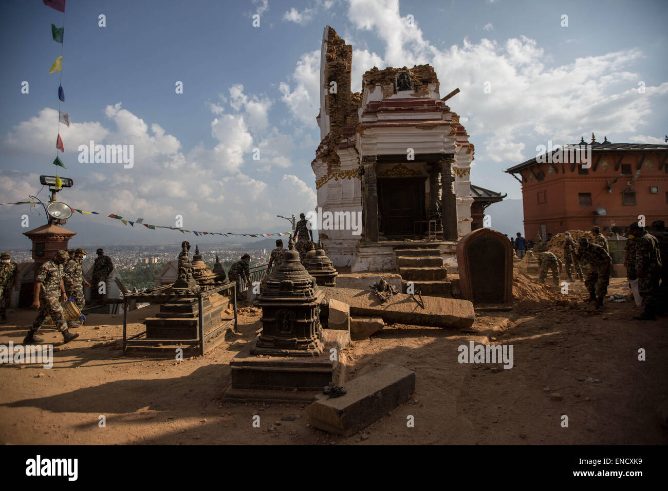 Kathmandu, Nepal. 2nd May, 2015. One of the two tower in the Swayambhu Nath Temple collapsed during the earthquake. Credit: Guillaume Payen/ZUMA Wire/ZUMAPRESS.com/Alamy Live News Stock Photo