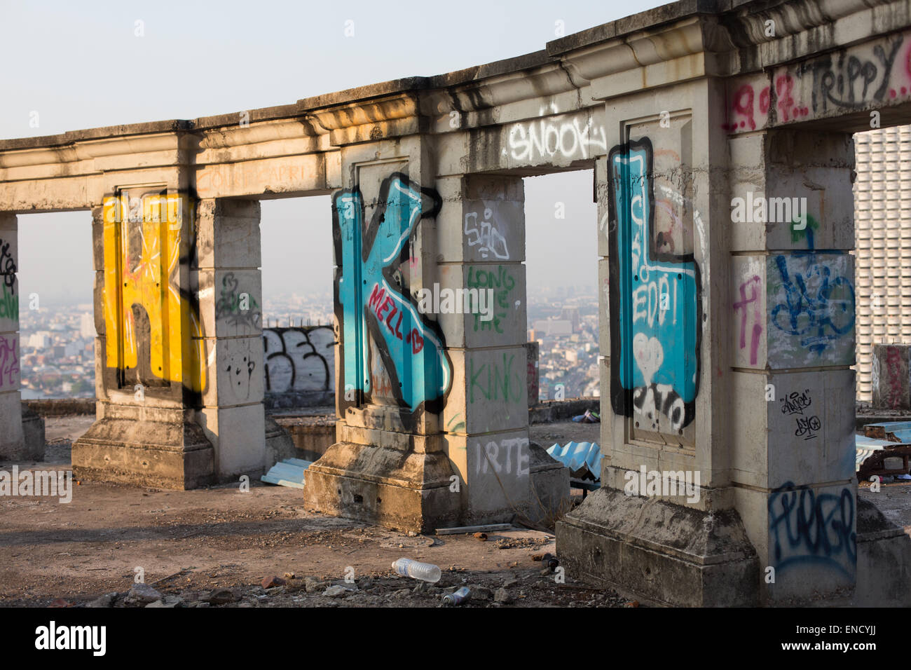 Graffiti covered structure of the abandoned Ghost Tower, Bangkok, Thailand. Stock Photo